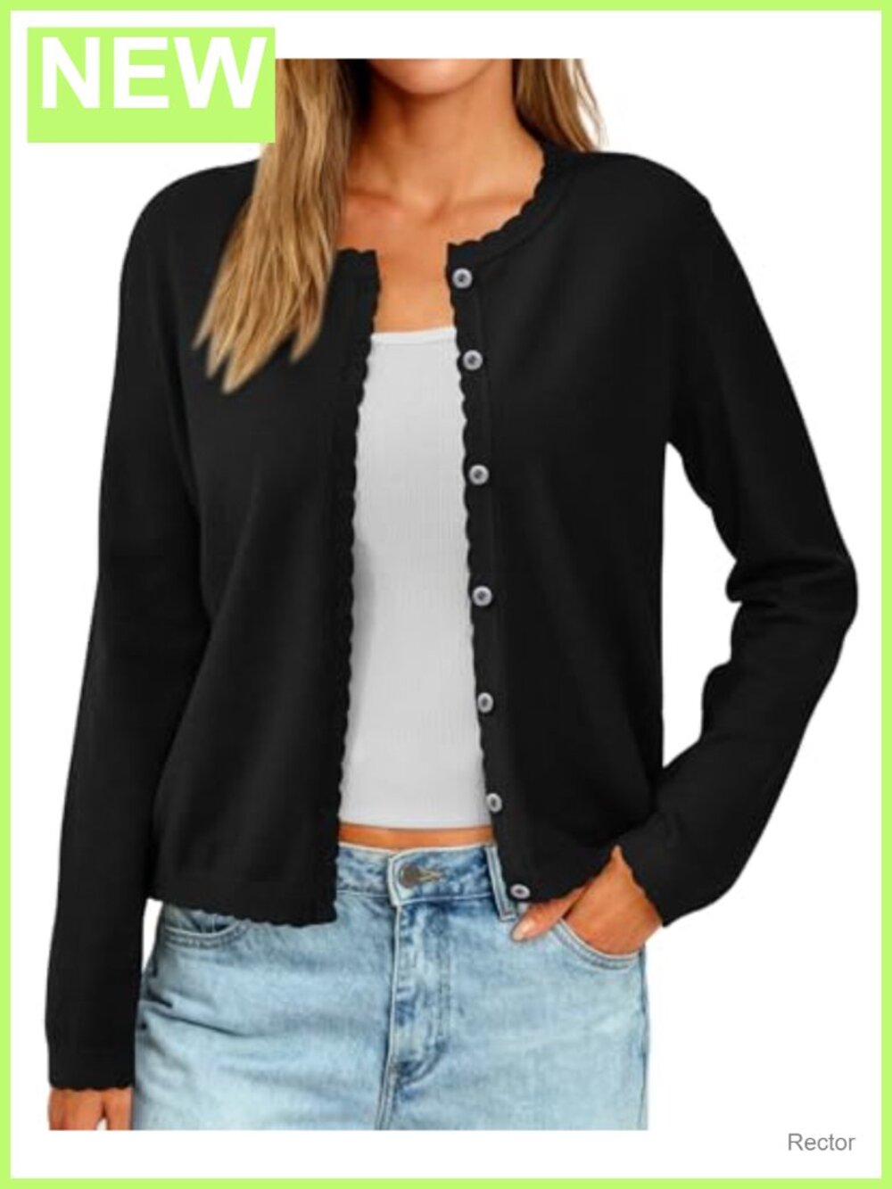 Scalloped Button Down Cardigan Long Sleeve Ribbed Knit Lightweight Sweater